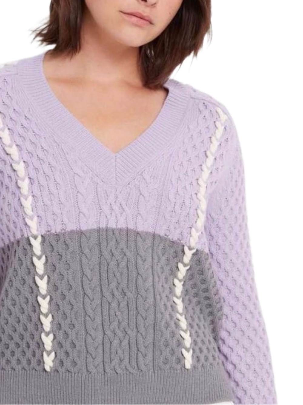 Club Monaco Lavender & Gray  Color Block Sweater Cable Knit V-Neck Sz M NWT
